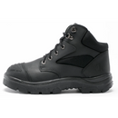 Black leather boot with a white background. Steel Blue name on steel toe cap.