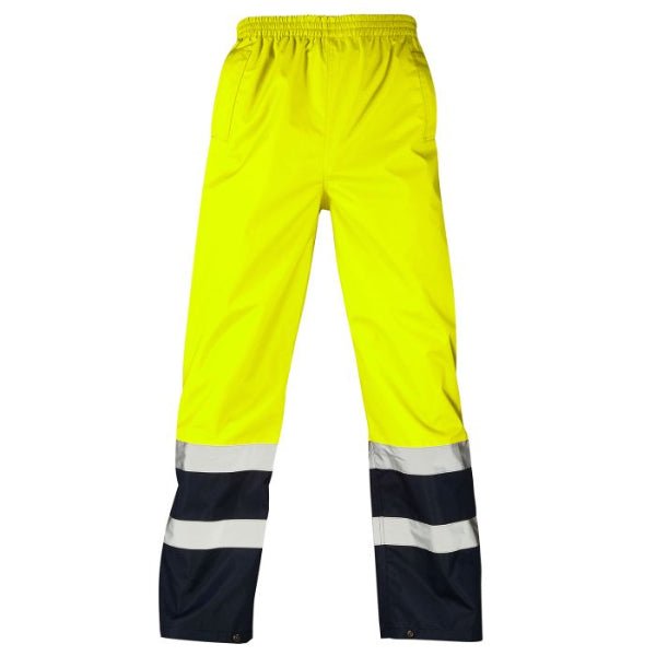 Supertouch hi‑vis overtrousers at Kustom Workwear, featuring waterproof high visibility pull‑on over‑trousers with reflective tape, displayed on a white background.