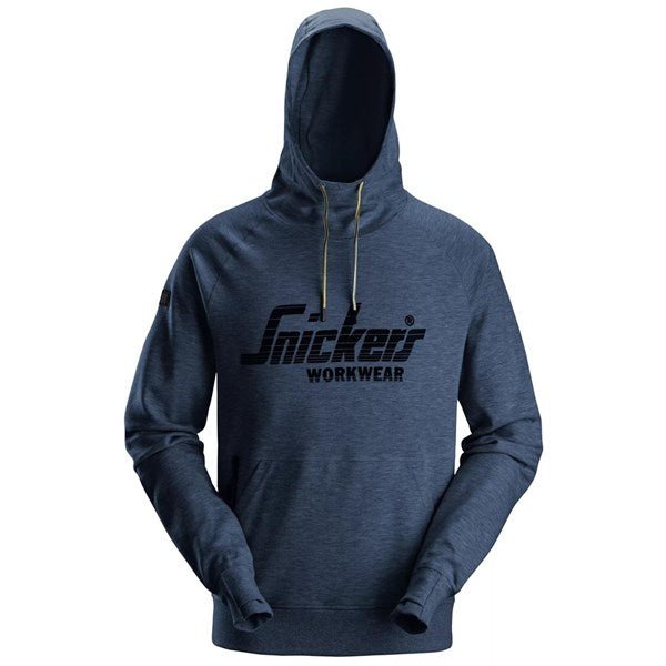Three Snickers Workwear logo hoodies in black, navy blue, and grey displayed on a polished concrete floor at Kustom Workwear.
