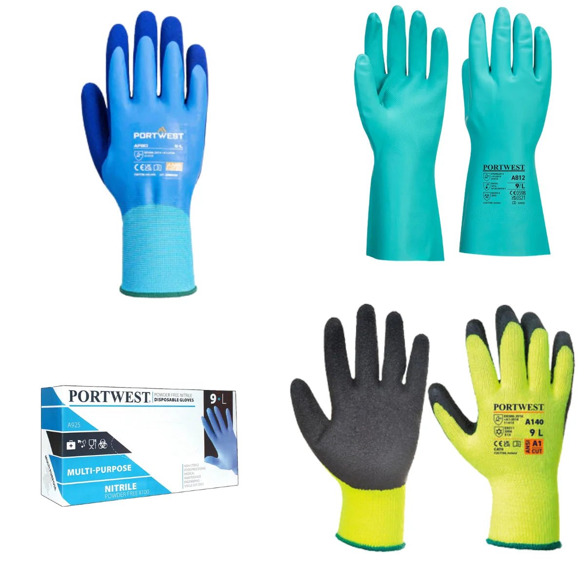 Work gloves including nitrile, cut resistant and disposable safety gloves for construction and industrial work