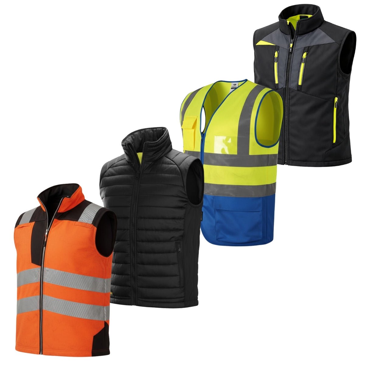 Collection of workwear gilets and safety vests including hi-vis orange vest, insulated black gilet, hi-vis yellow vest and softshell work vest from Kustom Workwear.