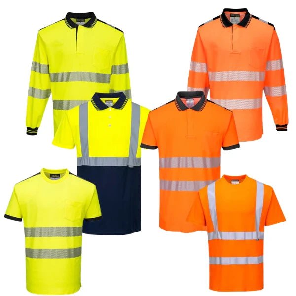 Front view of a collection of Portwest hi‑vis work T‑shirts and polos in yellow, orange and two‑tone designs, featuring reflective tape and EN ISO 20471 high‑visibility styling, displayed on a white background