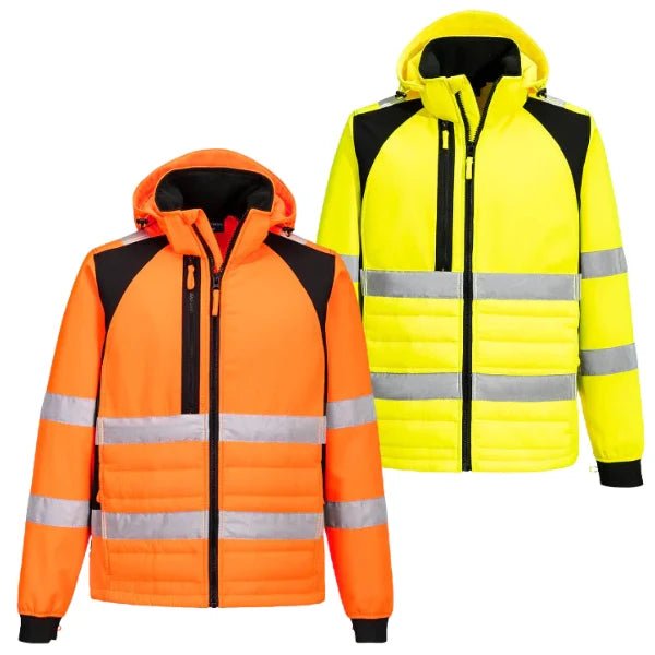 Front view of a Portwest hi‑vis hybrid jacket in yellow with contrast panels, reflective strips and a lightweight workwear construction on a white background.