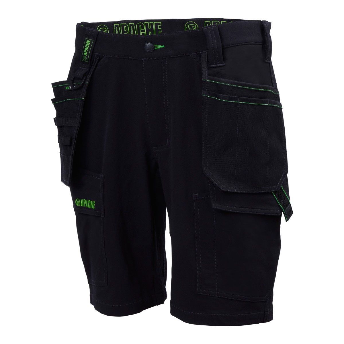 Front view of Apache work shorts in black, featuring stretch fabric construction, holster pocket design, multiple cargo pockets and reinforced workwear detailing, photographed on a white background.