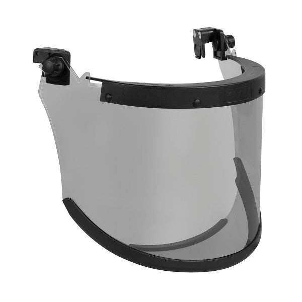 Front view of the KASK Arc Visor showing the clear curved protective shield and top mounting bracket.