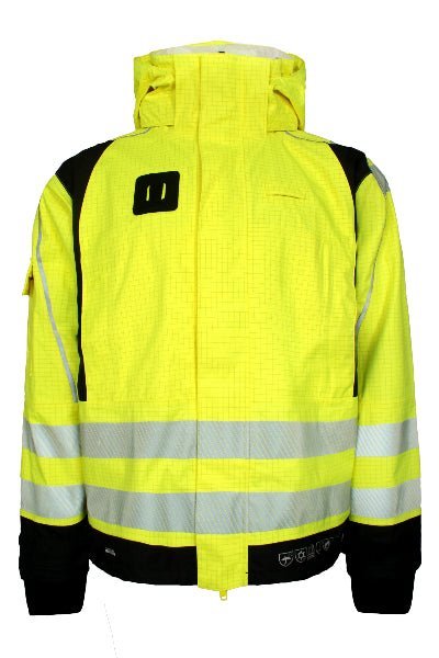 Back view of the Lyngsoe LR18055‑53 ARC jacket in hi‑vis yellow, featuring reflective tape, extended back hem and adjustable hood, photographed on a white background.