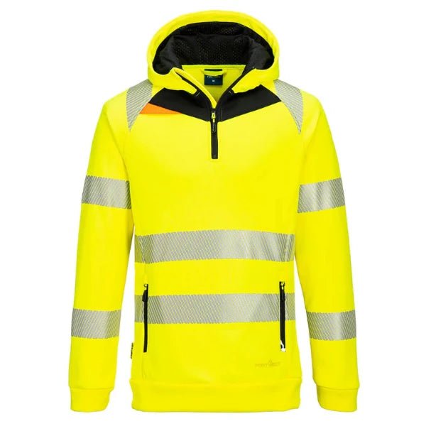 Front view of a Portwest hi‑vis work hoodie in bright yellow featuring reflective tape, a half‑zip front, contrast black panels and an adjustable hood, displayed on a white background.