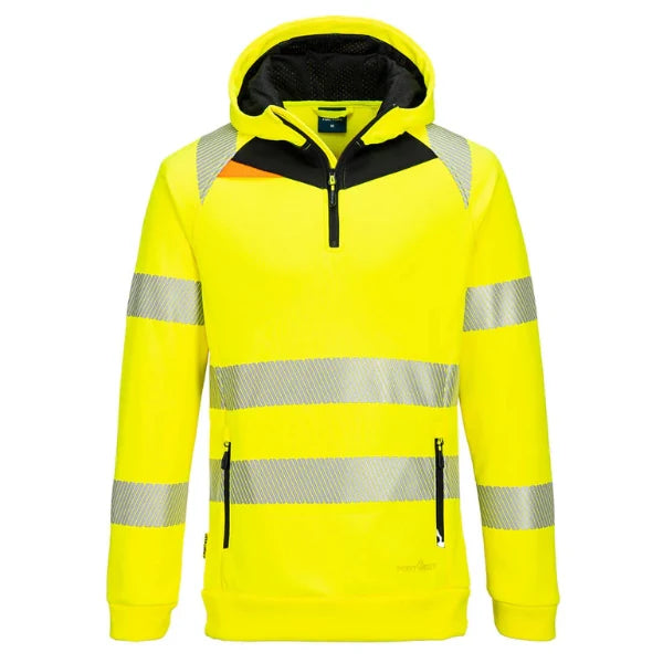 Front view of a Portwest hi‑vis work hoodie in bright yellow featuring reflective tape, a half‑zip front, contrast black panels and an adjustable hood, displayed on a white background.