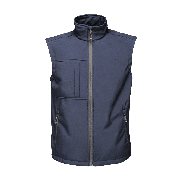 Front view of the Regatta Octagon Softshell Bodywarmer TRA848 in navy with wind resistant 3-layer softshell fabric and zipped chest and lower pockets.