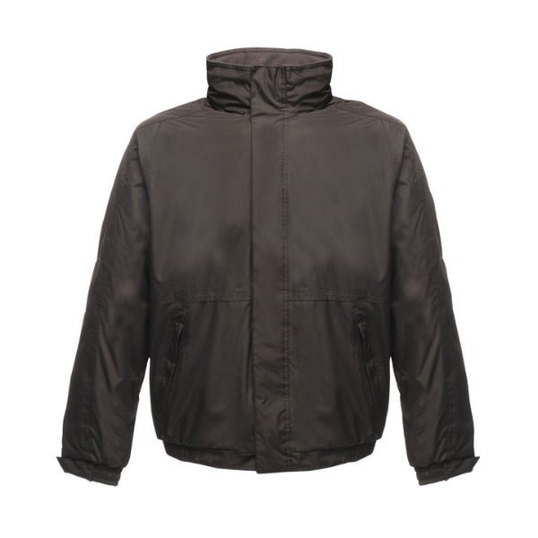 Front view of the Regatta Dover Jacket TRW297 in black with concealed hood, zipped pockets and stormflap closure.