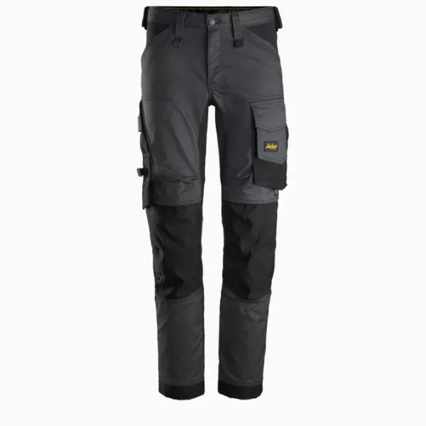 Front view of the Snickers 6341 AllroundWork stretch trousers, featuring holster pockets, stretch panels and knee pad pockets, on a white background