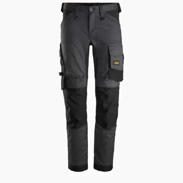 Front view of the Snickers 6341 AllroundWork stretch trousers, featuring holster pockets, stretch panels and knee pad pockets, on a white background