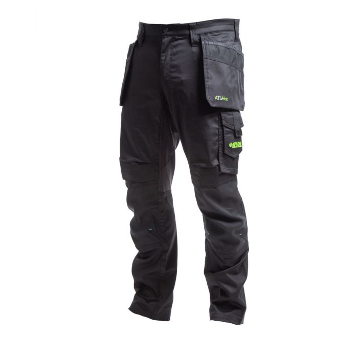 Front view of the Apache ATS holster pocket work trousers in black, featuring stretch fabric construction, reinforced knee areas, multiple cargo and holster pockets, and a modern trade fit, photographed on a white background.
