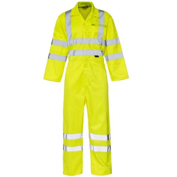Front view of the Supertouch H49 hi‑vis coverall in yellow, featuring reflective tape bands.
