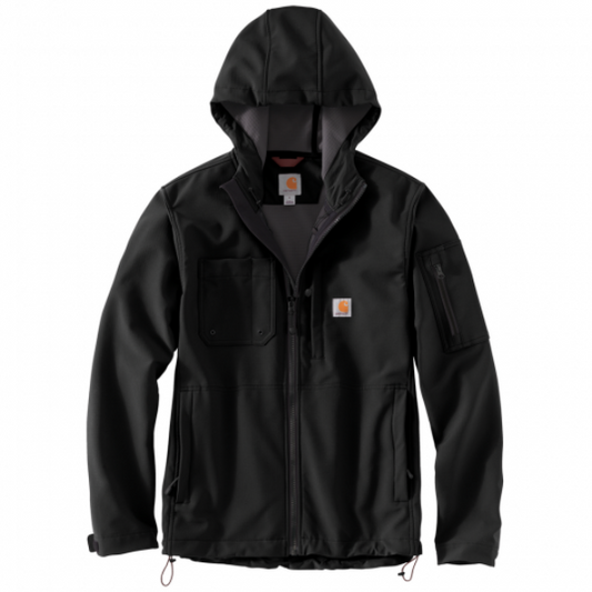 A black hooded softshell jacket with grid-textured fleece and stretch-fabric shell, featuring an adjustable hood and multiple pockets.