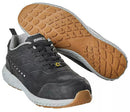 A pair of Mascot safety shoes with black upper and a brown sole, featuring lace fastening and designed for workwear.