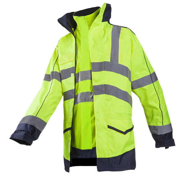 High-visibility jacket with reflective stripes on a white background.