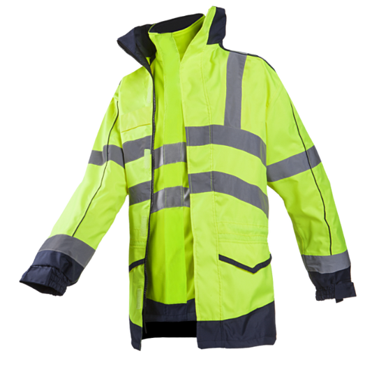 High-visibility jacket with reflective stripes on a white background.