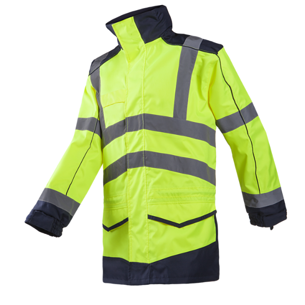 A high-visibility yellow and black rain parka with a detachable hood, elastic wrist bands, and multiple pockets.