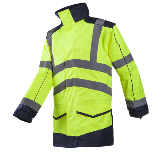 A high-visibility yellow and black rain parka with a detachable hood, elastic wrist bands, and multiple pockets.