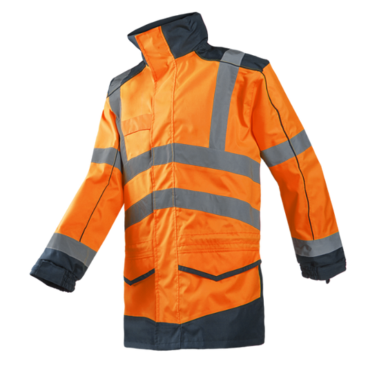 Orange safety jacket with reflective stripes on a white background.