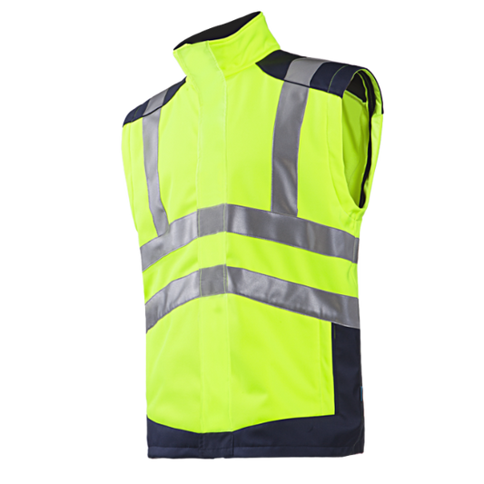 High-visibility safety vest with reflective stripes on a white background.