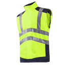 High-visibility safety vest with reflective stripes on a white background.