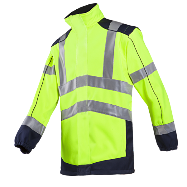 A high-visibility yellow and black softshell jacket with reflective strips and elastic sleeve ends.
