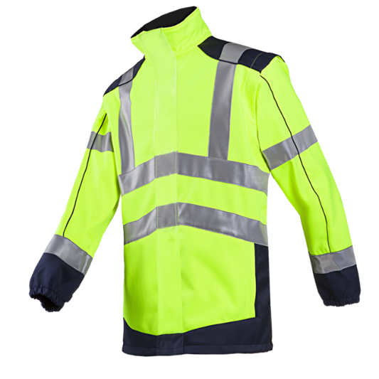 A high-visibility yellow and black softshell jacket with reflective strips and elastic sleeve ends.