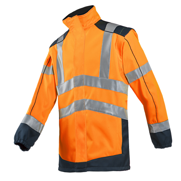 A high-visibility orange and yellow softshell jacket with reflective strips and elastic sleeve ends.