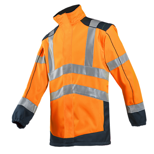 A high-visibility orange and yellow softshell jacket with reflective strips and elastic sleeve ends.