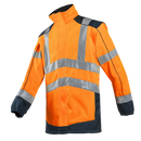 A high-visibility orange and yellow softshell jacket with reflective strips and elastic sleeve ends.