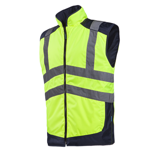 A high-visibility yellow and black body warmer with reflective strips and pockets on the sides.