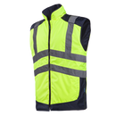 A high-visibility yellow and black body warmer with reflective strips and pockets on the sides.