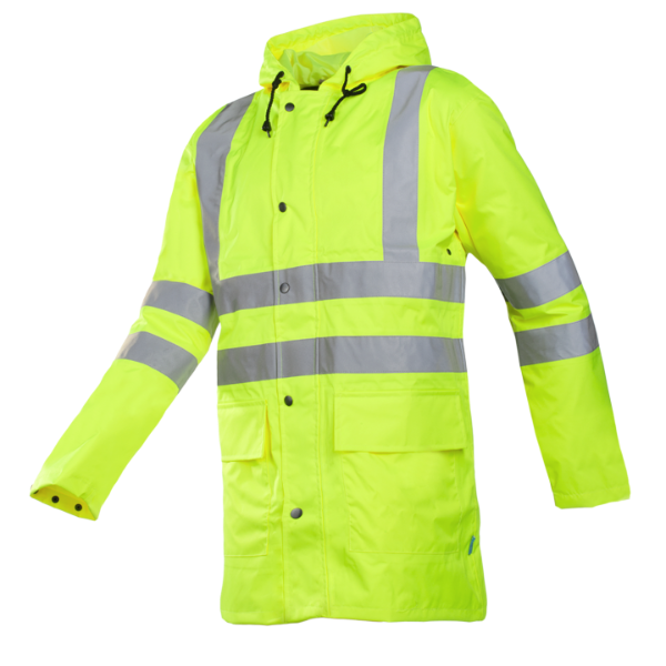 A high-visibility yellow rain jacket with reflective silver stripes and a fixed hood.