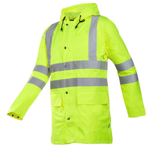 A high-visibility yellow rain jacket with reflective silver stripes and a fixed hood.