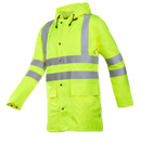 A high-visibility yellow rain jacket with reflective silver stripes and a fixed hood.