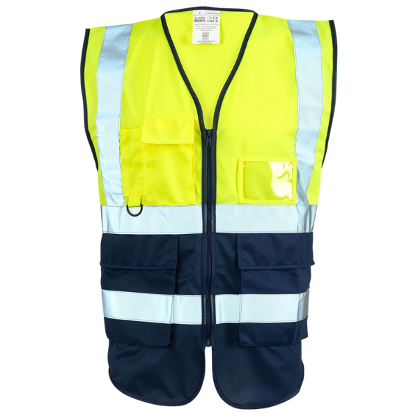 High-visibility safety vest with reflective stripes on a white background.