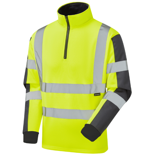 High-visibility safety jacket with reflective stripes on a white background.