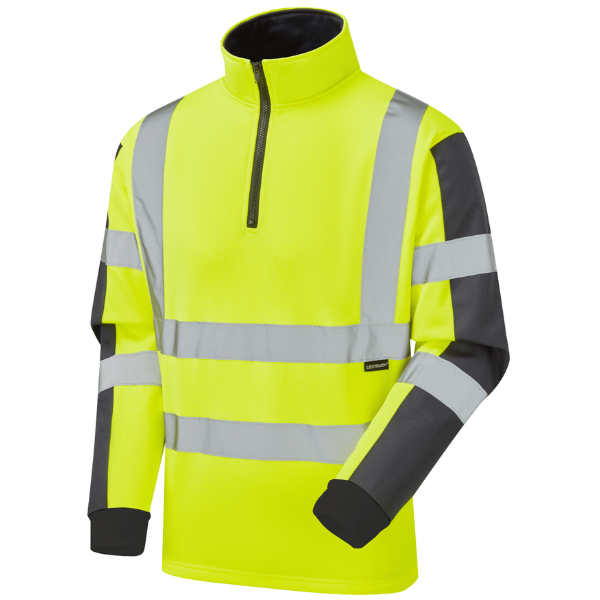 High-visibility safety jacket with reflective stripes on a white background.