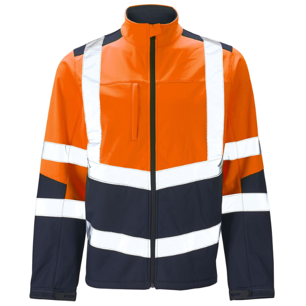 Orange and navy safety jacket with reflective stripes on a white background.