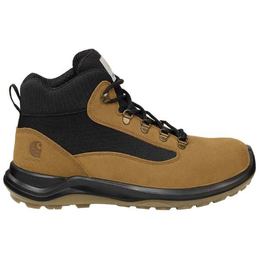 Brown and black safety boot with Carhartt logo on a white background. Available at Kustom Workwear.
