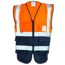 Orange and navy safety vest with reflective stripes on a white background.