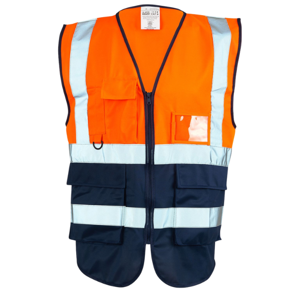 Orange and navy safety vest with reflective stripes on a white background.