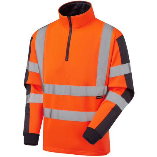 Orange high-visibility jacket with reflective stripes on a white background.