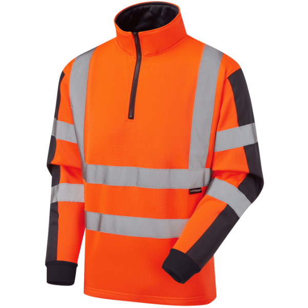 Orange high-visibility jacket with reflective stripes on a white background.