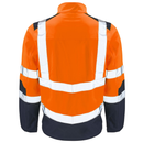 Orange safety jacket with reflective stripes on a white background.