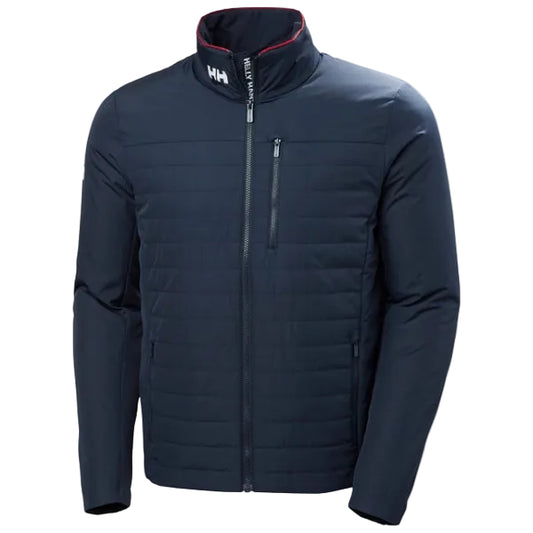 A navy blue Helly Hansen Crew Insulator 2.0 jacket with a full zipper and a red stripe on the collar.