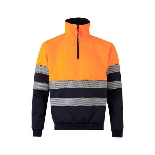 Orange and navy Velila high-visibility half zip sweatshirt with reflective stripes on a white background.