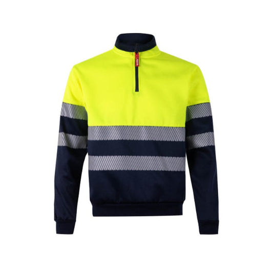 Navy and black Velila high-visibility half zip sweatshirt with reflective stripes on a white background.